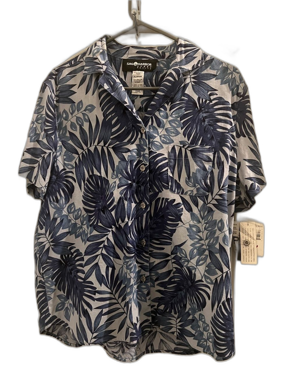 Sag Harbor Sport Petite Large P/L Blue Navy Floral Linen Blend Button Front Shir